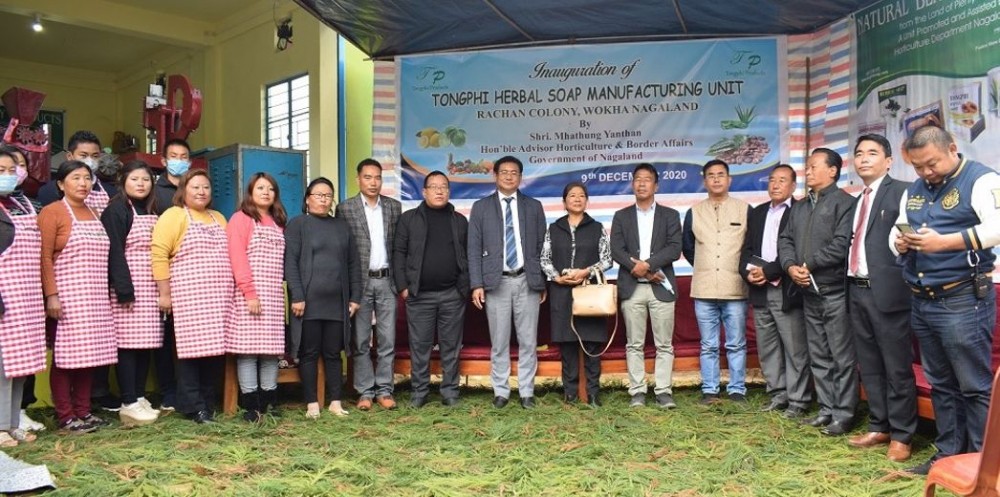 Advisor Mhathung Yanthan with others during the inauguration of Tongphi Herbal Soap manufacturing unit at Rachan colony, Wokha Town on December 9. (DIPR Photo)